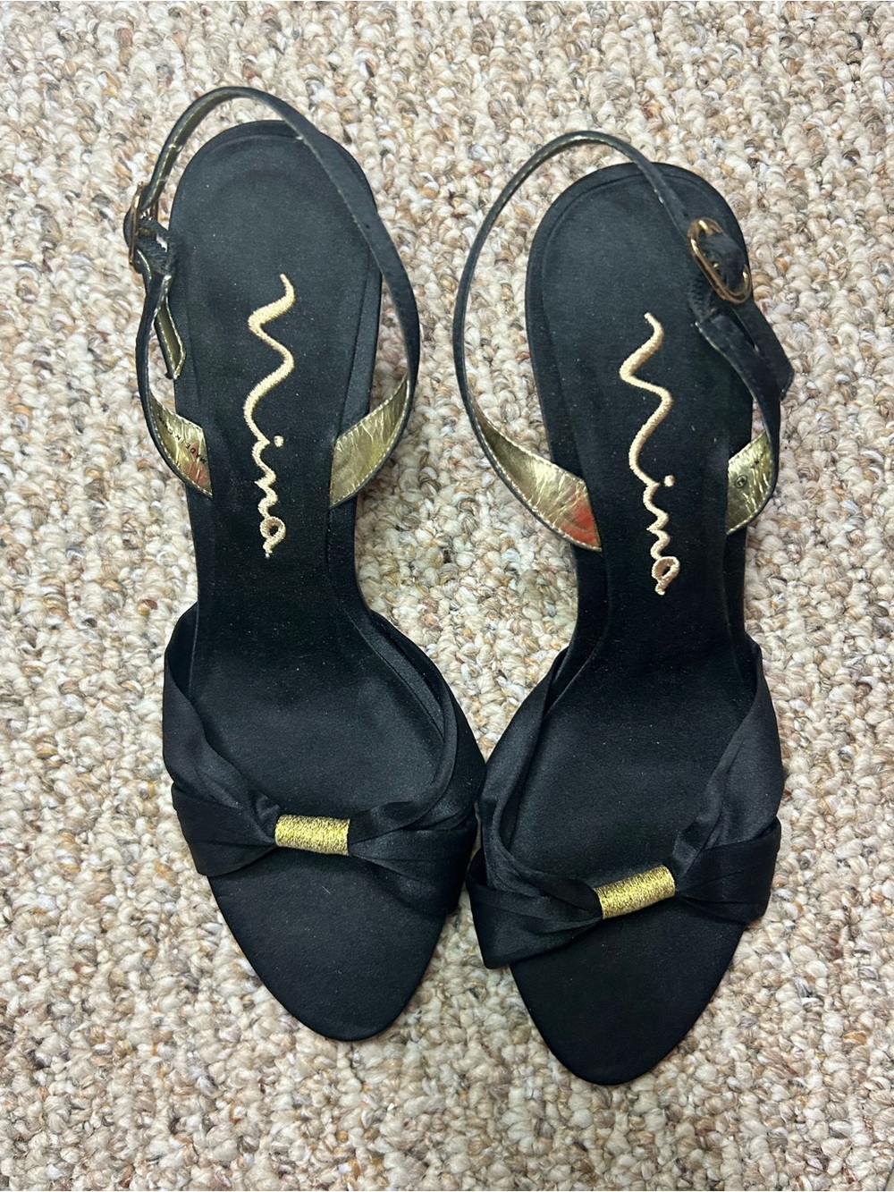 Nina Black Satin Slingback Sandals with Gold Trim